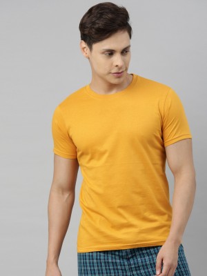 JOVEN Solid Men Round Neck Yellow T-Shirt