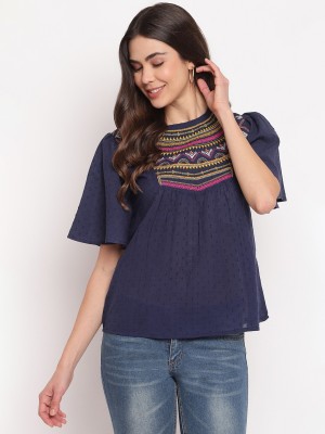 MAYRA Casual Half Sleeve Embroidered Women Blue Top