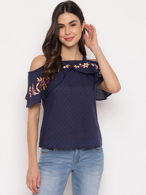 MAYRA Party Half Sleeve Solid Women Dark Blue Top