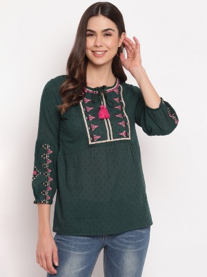 MAYRA Casual 3/4 Sleeve Embroidered Women Green Top