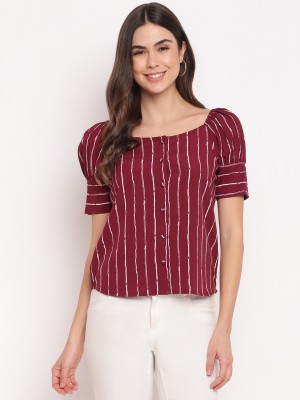 MAYRA Casual Half Sleeve Striped Women Maroon Top