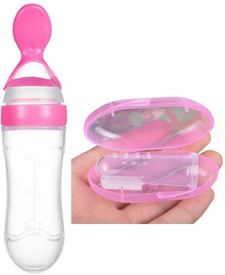 Little Fingers BPA Squeeze Style Bottle Feeder with Dispensing Spoon and Baby Silicone Finger Toothbrush with case for Toddlers & Kid- Combo of 2-Pink - 90 ml(Blue)