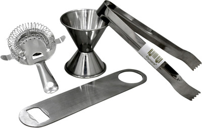Dynore 4 pcs bar set - ice tong, peg measure, bottle opener, strainer 4 - Piece Bar Set(Stainless Steel)