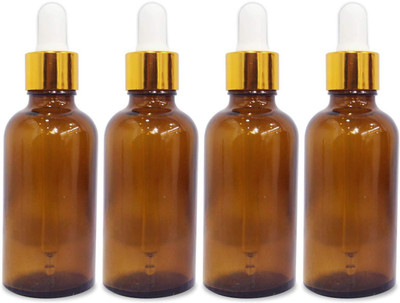 B-Urban Amber Colour Empty Glass Bottle with Golden Dropper & Funnel |30ml Each |Pack of 4 120 ml Bottle(Pack of 4, Yellow, Glass)