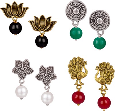 JFL Jewellery for Less Contemporary Fashion Combo of Pearl, Red, Green and Black Onyx Beads with German Silver Oxidized Gold Stud Drop Earring Set (Set of 4) Pearl German Silver Stud Earring