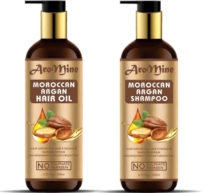 AroMine Moroccan Argan Oil And Moroccan Argan Shampoo for Hair Fall, Dandruff Control , Soft, Smooth & Shiney Hair-200ml -COMBO-Pack of 2- Bottles- Hair Oil(400 ml)