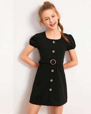 ADDYVERO Girls Midi/Knee Length Party Dress(Black, Short Sleeve)