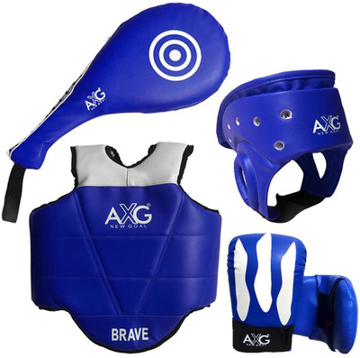 AXG NEW GOAL Taekwondo Equipment Kit ( Taekwondo Racket, Chest Guard, Head Guard and Gloves Finger Out) For MMA Kick Boxing And Other Martial Arts (Small) Boxing Kit