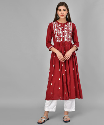 ANGITA Women Chikan Embroidery A-line Kurta(Maroon)