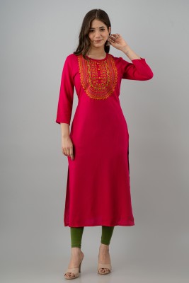 FASHION DEPTH Women Embroidered Straight Kurta(Pink)