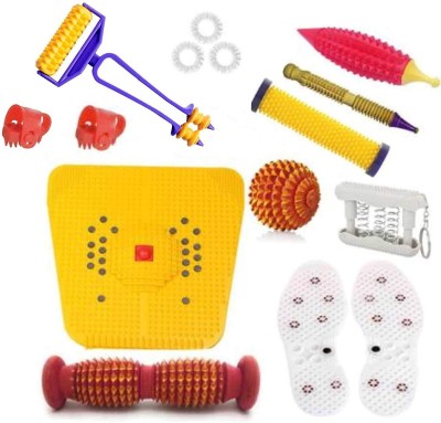AcuHealth AH61 Acupressure Massager Tools Combo Kit for Stress and Pain Relief with Foot Roller (Pyramidal cuts)(Wooden) + Bio - Magnetic Power Mat + Mini Roller With Finger Massager + 2 Pc Thumb Pad + Pocket Exerciser + Shoe Sole + Energy Roller - Soft +Wooden Ball + Karela Plastic + Wooden Jimmy +