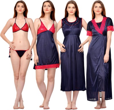 ROWENA Women Nighty with Robe(Dark Blue)