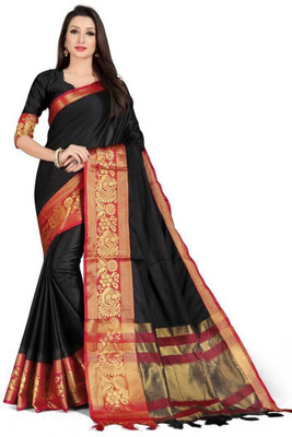SHARIRI Solid/Plain Bollywood Cotton Silk Saree(Black)