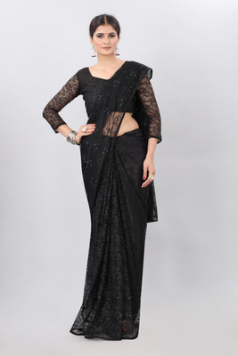 CARRYOX Self Design Bollywood Net Saree(Black)