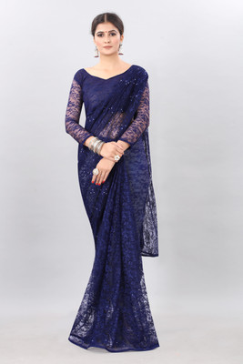 CARRYOX Self Design Bollywood Net Saree(Blue)