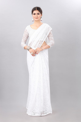 CARRYOX Self Design Bollywood Net Saree(White)