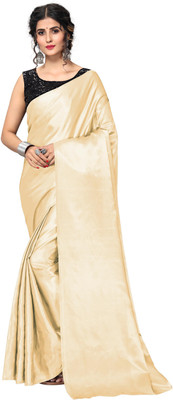 Aruna Sarees Solid/Plain Bollywood Satin Saree(Beige)