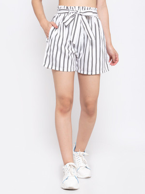 Zastraa Striped Women White, Black Regular Shorts