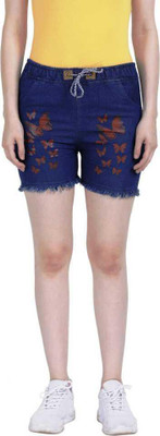 4 YOU Printed Women Denim Dark Blue Denim Shorts