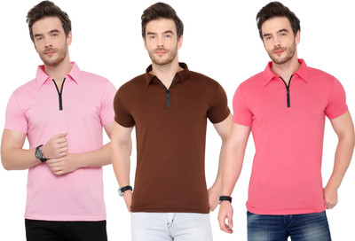 Adorbs Solid Men Polo Neck Brown, Pink T-Shirt