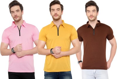 Adorbs Solid Men Polo Neck Brown, Pink, Yellow T-Shirt