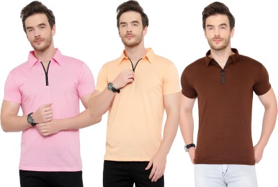 Adorbs Solid Men Polo Neck Brown, Pink, Orange T-Shirt