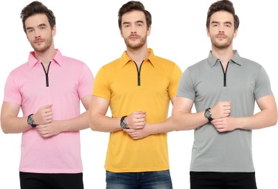 Adorbs Solid Men Polo Neck Pink, Grey, Yellow T-Shirt