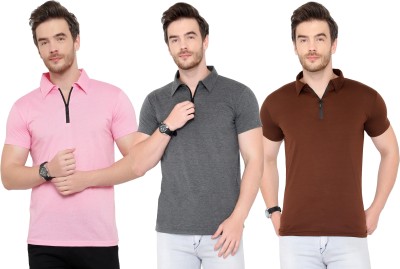 Tivy Solid Men Polo Neck Maroon, Pink, Grey T-Shirt