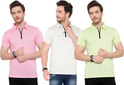 Moordale Solid Men Polo Neck White, Pink, Light Green T-Shirt