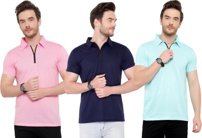 Adorbs Solid Men Polo Neck Dark Blue, Light Blue, Pink T-Shirt