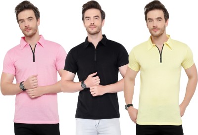 Tivy Solid Men Polo Neck Black, Pink, Yellow T-Shirt