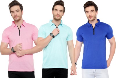 Adorbs Solid Men Polo Neck Light Blue, Blue, Pink T-Shirt