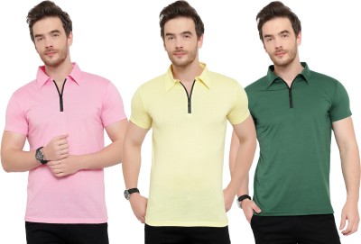 Tivy Solid Men Polo Neck Dark Green, Pink, Yellow T-Shirt