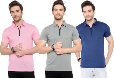 Moordale Solid Men Polo Neck Dark Blue, Pink, Grey T-Shirt