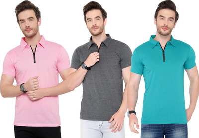 Tivy Solid Men Polo Neck Blue, Pink, Grey T-Shirt