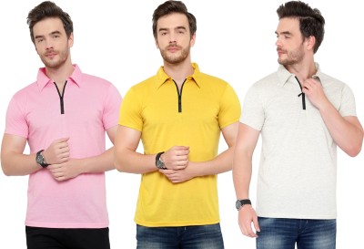 Adorbs Solid Men Polo Neck Pink, Yellow, White T-Shirt