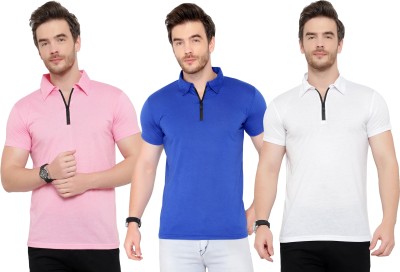 Moordale Solid Men Polo Neck White, Blue, Pink T-Shirt