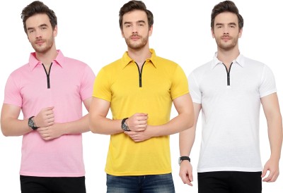 Adorbs Solid Men Polo Neck White, Pink, Yellow T-Shirt