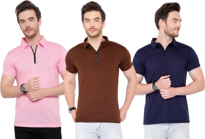 Adorbs Solid Men Polo Neck Brown, Pink, Dark Blue T-Shirt