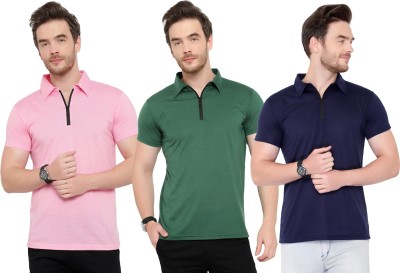 Tivy Solid Men Polo Neck Dark Blue, Dark Green, Pink T-Shirt