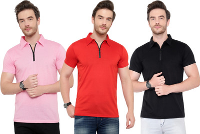 Moordale Solid Men Polo Neck Red, Black, Pink T-Shirt