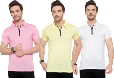 Adorbs Solid Men Polo Neck White, Pink, Yellow T-Shirt