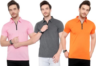 Tivy Solid Men Polo Neck Pink, Orange, Grey T-Shirt