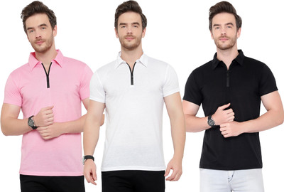 Adorbs Solid Men Polo Neck Black, White, Pink T-Shirt