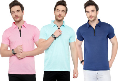 Moordale Solid Men Polo Neck Dark Blue, Light Blue, Pink T-Shirt