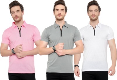 Adorbs Solid Men Polo Neck White, Pink, Grey T-Shirt