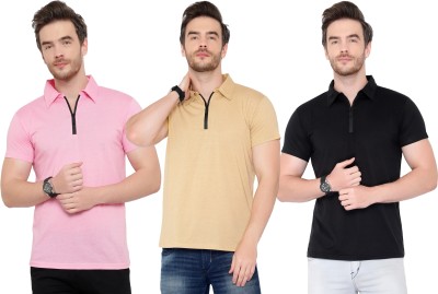 Tivy Solid Men Polo Neck Black, Pink, Beige T-Shirt