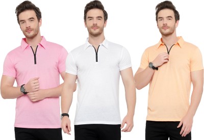 Tivy Solid Men Polo Neck White, Pink, Orange T-Shirt