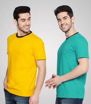 Young trendz Solid Men Round Neck Green, Yellow T-Shirt