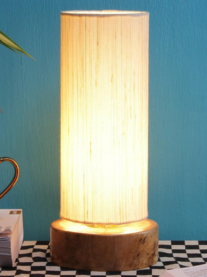 Devansh off-white cotton shade with Round wood Base Table Lamp(31 cm, off-white)